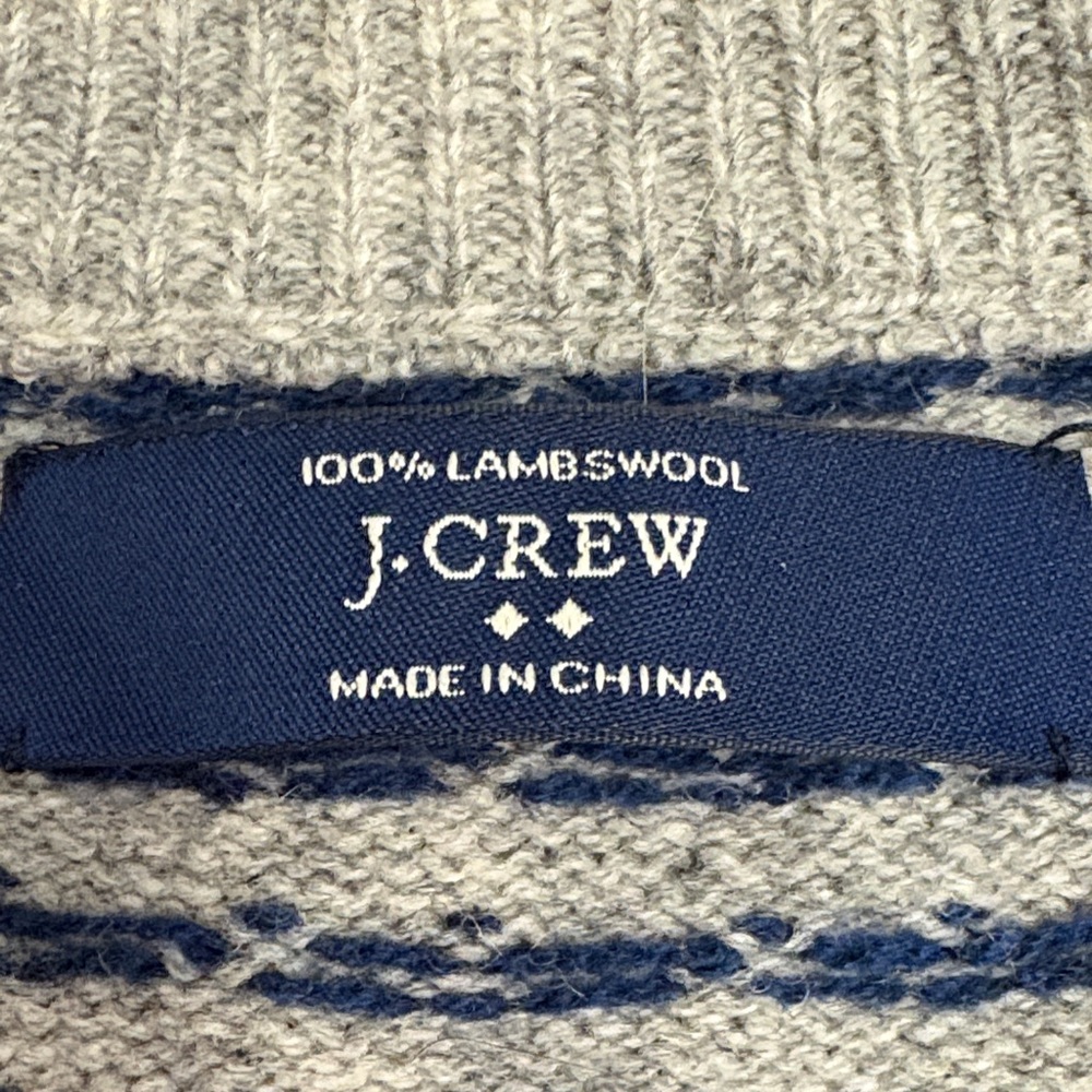 J. Crew Men's Gray and Navy Crewneck Sweater 100% Lambs Wool - Picture 3 of 8